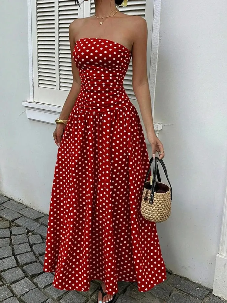Summer Polka Dot Vintage Strapless Sleeveless Long Prom Dress Women Fashion Off Shoulder Slim Ruffles Tube Maxi Dresses Elegant