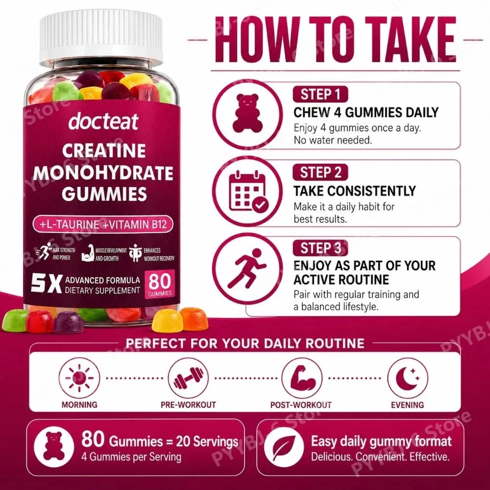Creatine Monohydrate Gummies 80 Count with Taurine Vitamin B12 Chewable Sports Nutrition Supplement for Muscle & Energy Support