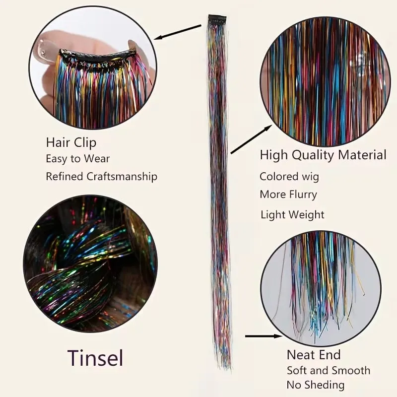 Synthetic Rainbow Tinsel Hair Extensions Clip In Shiny Glitter Wig Hairpiece for Women Party Cosplay Daily DIY Hair Accessory