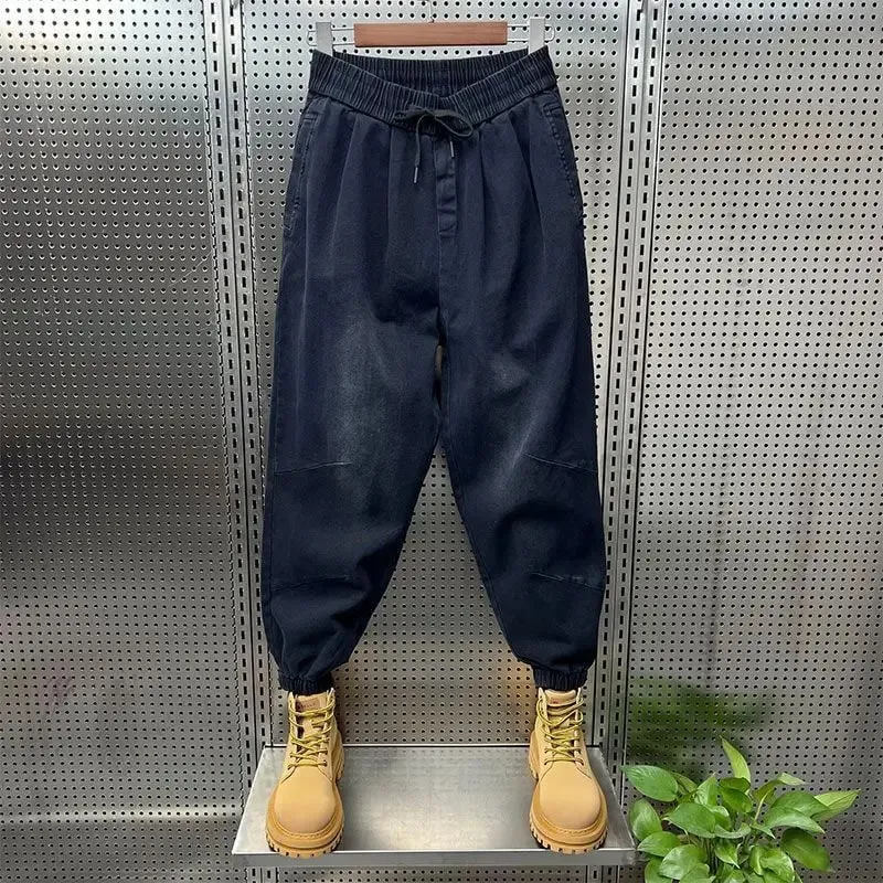 Drawstring Menswear Clothing Handsome Spring New Men's Jeans Korean Elastic Waist Buttons Decorative Fashion Harlan Pants Men — image 5