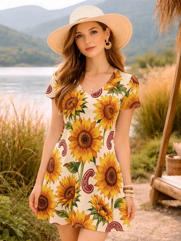 Floral Print Womens V Neck Short Sleeve A Line Dress Relaxed Summer Everyday Dress for Everyday Wear Holidays Travel and Parties