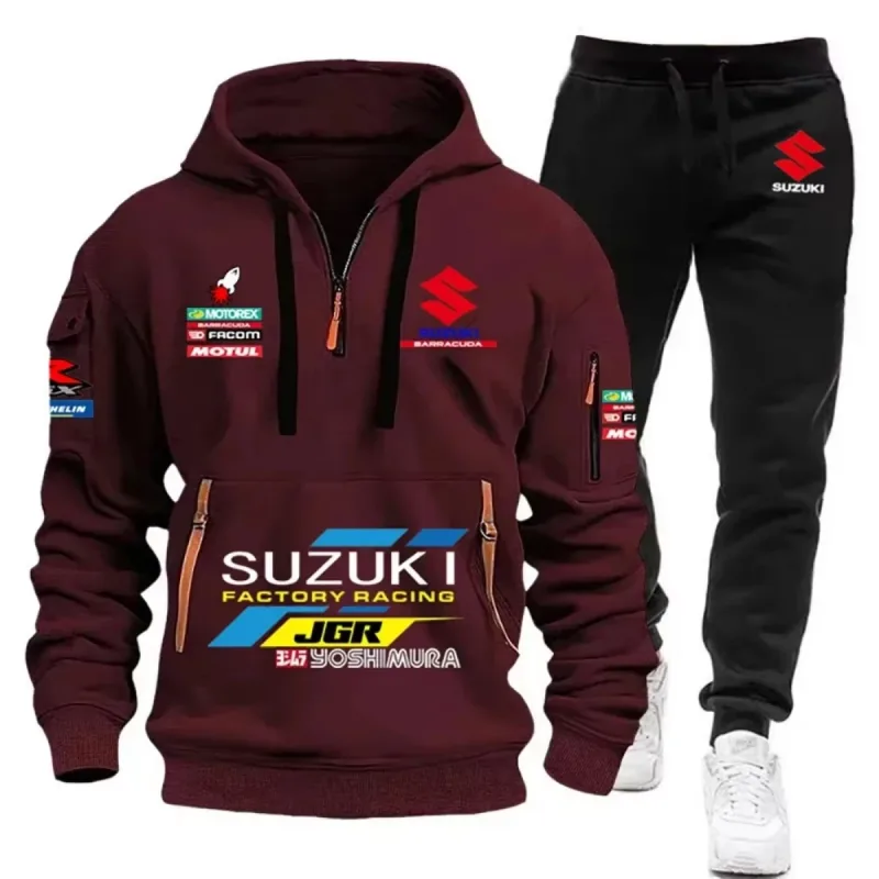 2026 Suzuki Men's Hoodie, Half-Closed Front Multi-Pocket Sport Shirt + Athletic Pants Two-Piece Set for Cycling, Running and Mot
