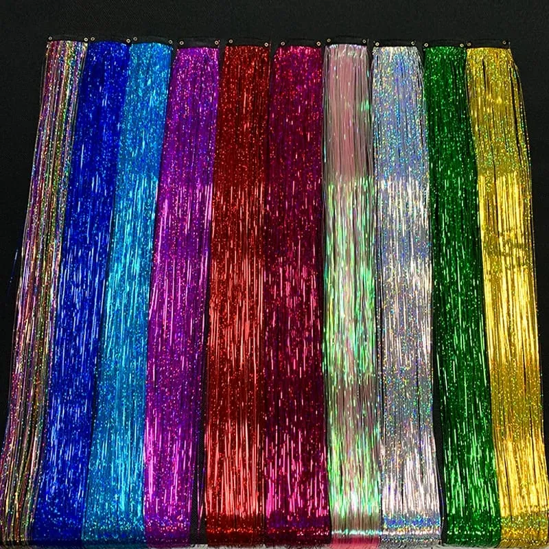 Synthetic Rainbow Tinsel Hair Extensions Clip In Shiny Glitter Wig Hairpiece for Women Party Cosplay Daily DIY Hair Accessory