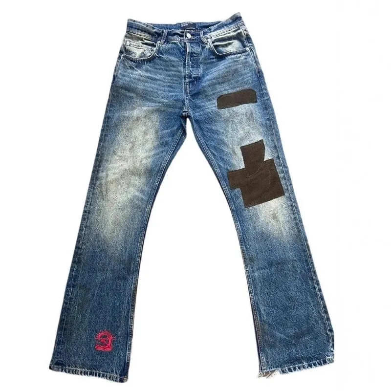 Mens Flared Jeans Harajuku Vintage Washed Denim Pants Distressed Patchwork Corduroy Slim Fit Casual Streetwear Unisex New Spring