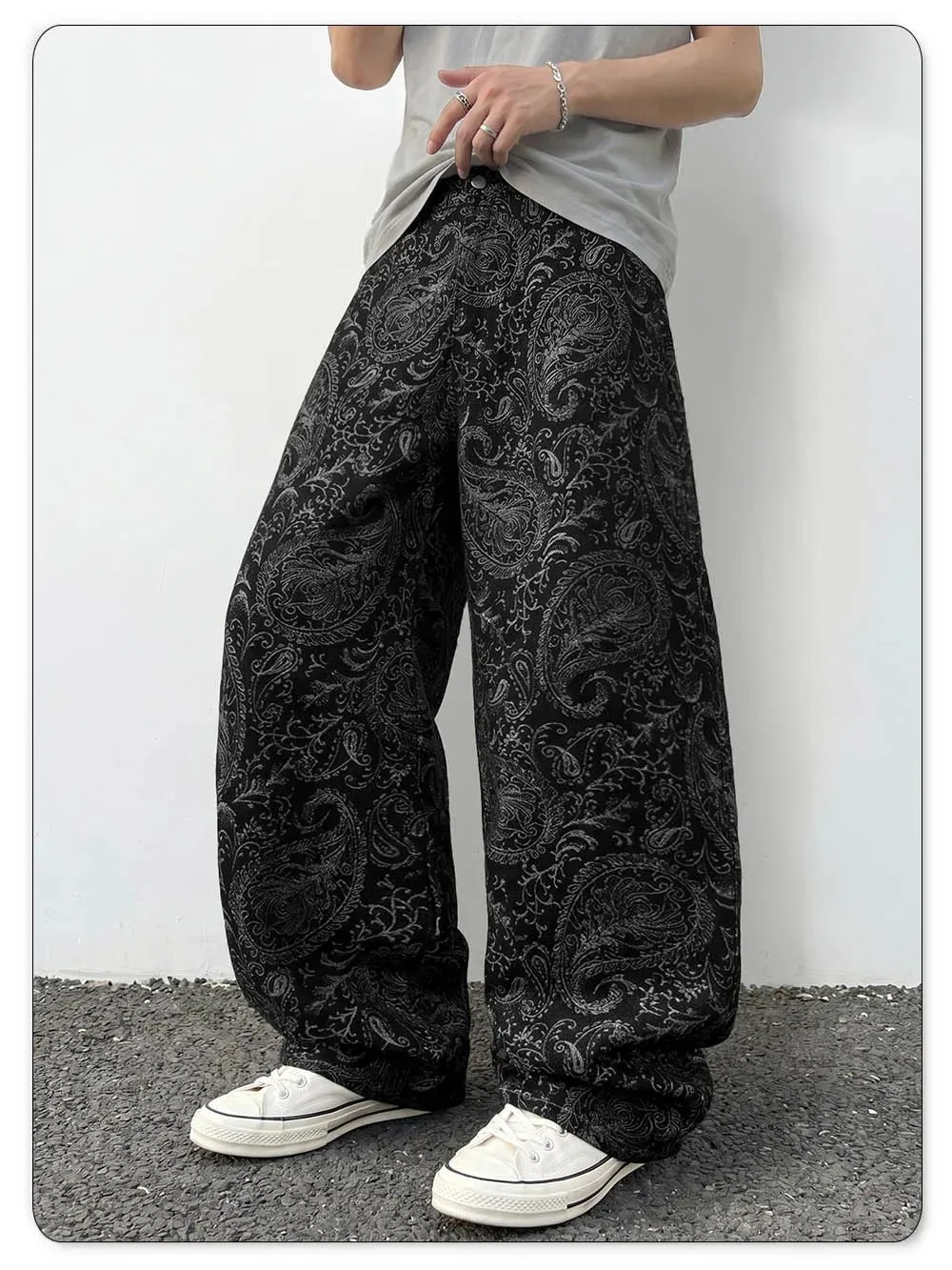 Men's American Trendy Brand Dark Cashew Flower Full Print Jeans Loose Oversize High Street Loose Straight Tube Casual