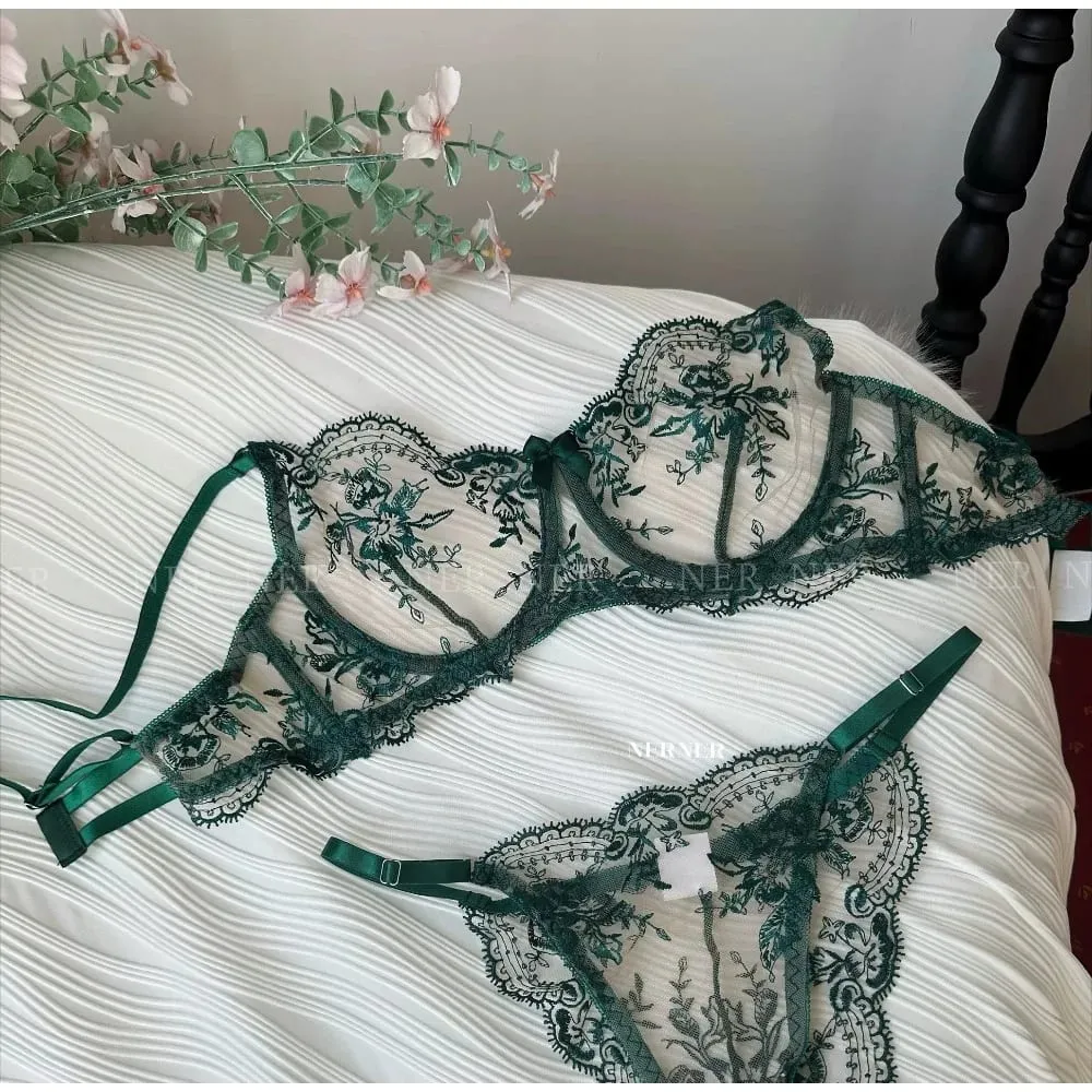 Sexy Transparent Lace Bra French Embroidery Thin Push‑Up Gather Bra For Men Crossdresser Sheer Lingerie Underwear