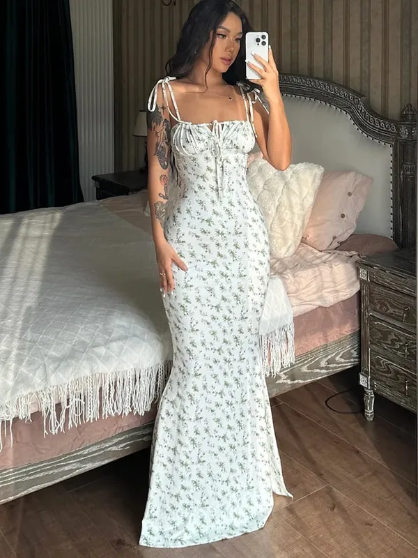 Hugcitar Blumendruck, ärmellos, rückenfrei, Slips, Schnürung, Maxikleid, sexy, figurbetont, Sommer, elegante Outfits, Urlaub, Party, Großhandel