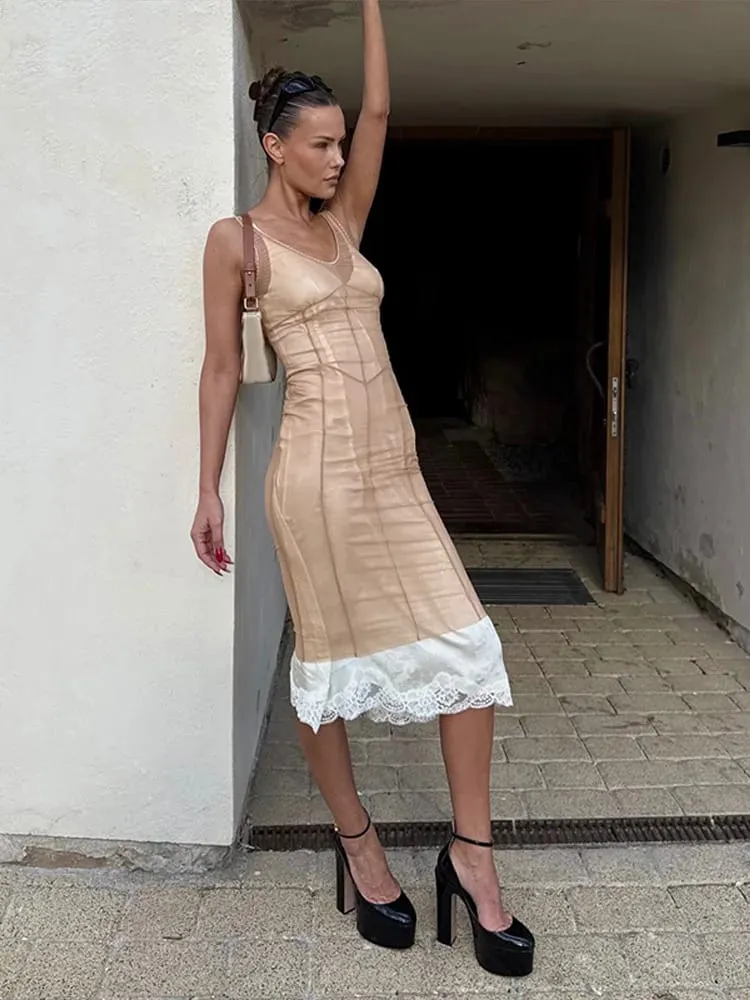 Sheer Mesh Overlay Spaghetti Strap Midi Dress Waist Cinched Sleeveless 2026 Summer Women Accessories Trendy Classy Lady Outfit — image 3