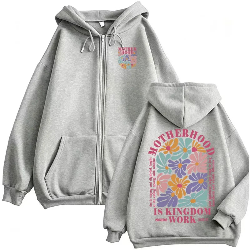 Motherhood Is Kingdom Work Christian Mom Zip Up Hoodies Men Women Fashion Aesthetic Sweatshirts Jacket High Quality Zipper Coats
