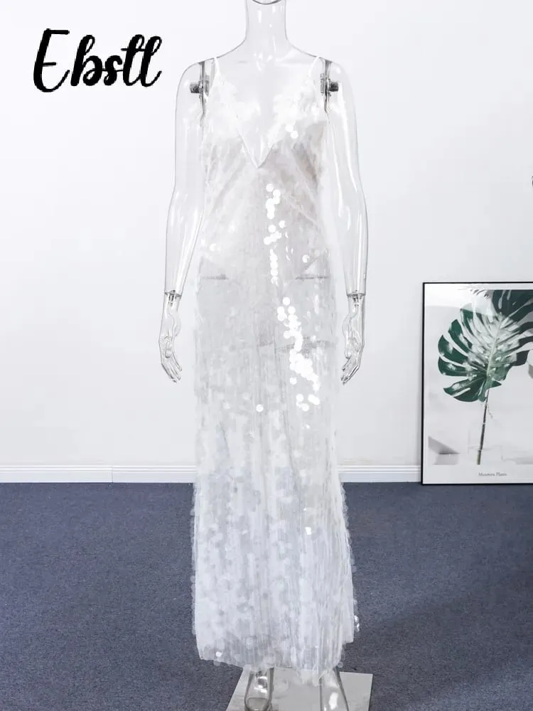 Sequins Lace Splicing Dress Women's Sexy V-veck Shiny Sleeveless Backless Sling Dresses 2026 Spring Summer New Ladies Beach Robe
