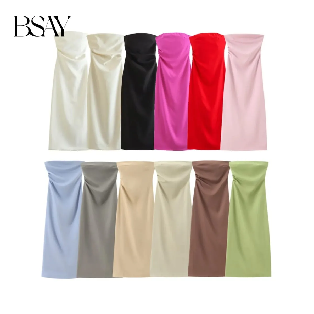Women Fashion Summer New Sexy Split Back Zip Pleated Sleeveless Strapless Dress Chic Female French Elegant Evening