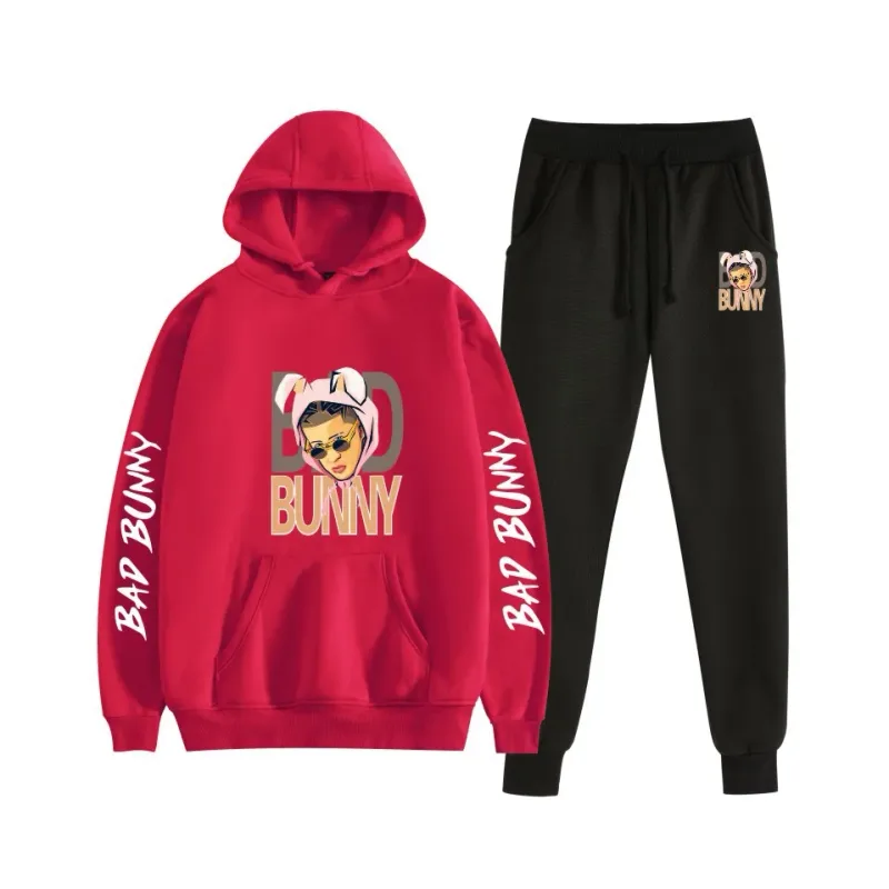 Harajuku Comfortable bad bunny Print Sweatshirt Sweatpants Suit Women's Hoodies+ Trousers Suit Boys/Girls 2 Piece Set Clothes