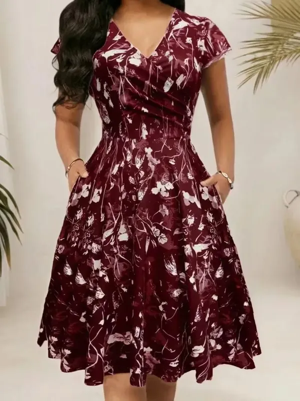 Elegant Floral Printed V-Neck Mid-Length Pocket Dress Polyester Blends for Spring Summer Autumn Three Season Women's Dress — image 10