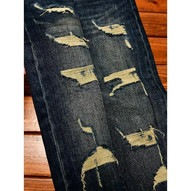 Street Designer Fashion Men Jeans Retro Washed Blue Stretch Slim Fit Ripped Jeans Men Y2K Vintage Casual Denim Pencil Pants