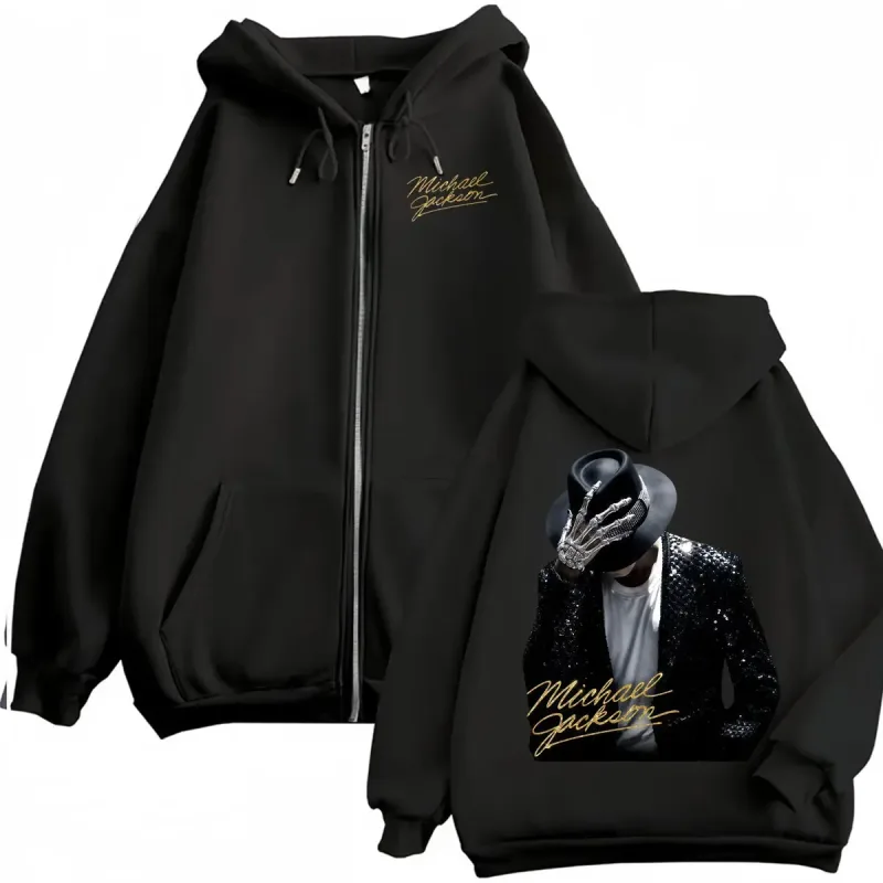 King of Pop Michael Jackson Bad Era Zipper Hoodie Men Women Harajuku Streetwear Jacket Sweatshirt Fleece Casual Zip Up Pullovers