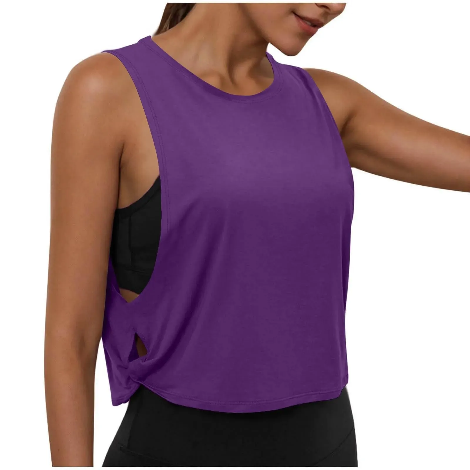 Women Sleeveless Yoga Tops Running Short Tank Crop Top Athletic Vest Breathable Blouse Cover Up Gym Workout Cool T-Shirt