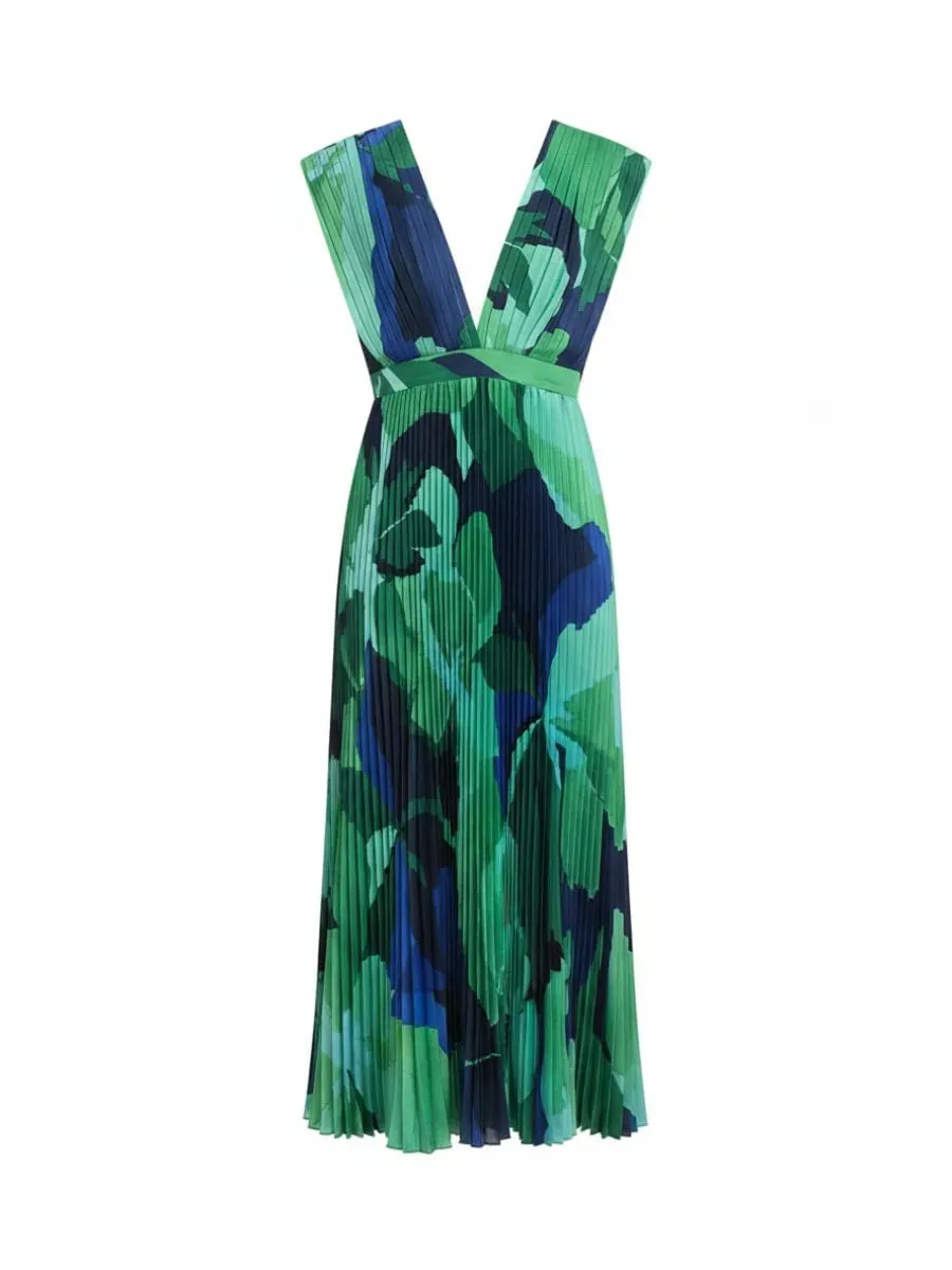 Freeacy Women's Printed Summer Dress Deep V-neck Sleeveless High Waist Pleated Midi Dress Female High Street Elegant Dresses — image 1
