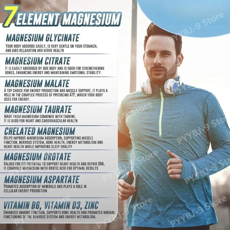 Komplexní doplněk hořčíku 7 s glycinát citrát malát chelát zinek vitamín D3 B6 pro úlevu svalů při spánku 60 tobolek