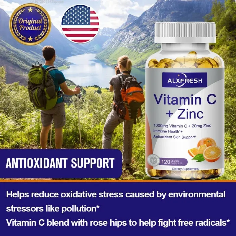 Alxfresh C-vitamin 1000mg med zink 20mg | Vitamin kosttilskud | Ikke-GMO og glutenfri vegansk | til immunstøttehætter