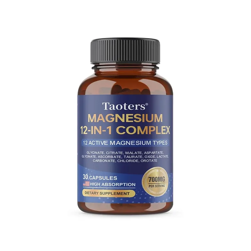 อาหารเสริมแมกนีเซียม 12-in-1 ที่ซับซ้อน – 700 มก. การดูดซึมสูง Glycinate Citrate Malate และ Taurate Blend สำหรับการนอนหลับของเส้นประสาทกล้ามเนื้อ