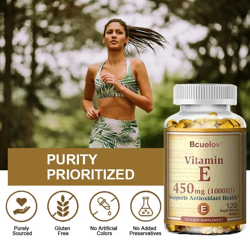 Bcuelov Vitamin E 1000 IE 450mg - til hudhår cirkulationssundhed immunsystemstøtte - antioxidanttilskud