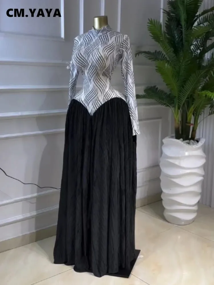 CM.YAYA Women V-neck Long Sleeve Big Swing Striped Print Long Dress 2026 Sexy Parties Evening Vacation Long Dresses Vestidos