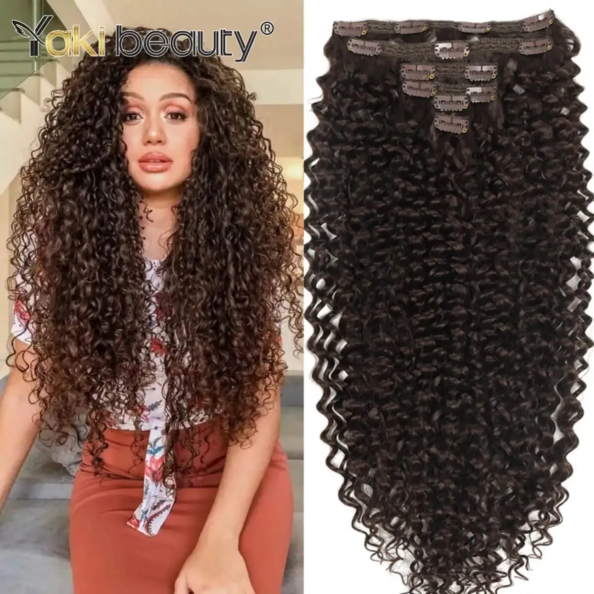 26'' Synthetic Jerry Curly Hair Extensions Double Weft Clip-In Full Head 6PCS/Set Organic Ice Silk Hairpiece Black/Brown 160g