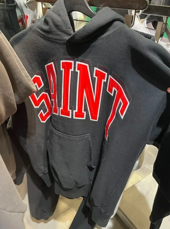 26FW SAINT x Ber B J Co-brand Big Logo Printed Women Men Washed Hooded Sweatshirt Hoodies Vintage Distressed Men Casual Hoodie