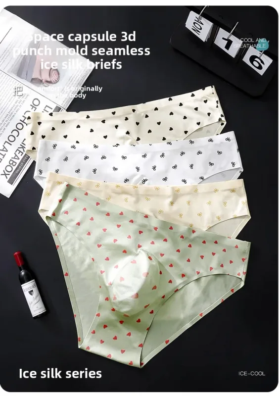 Male Seamless Ice Silk Briefs Cute Heart Bowknot Print 3D Molded Pouch Low Rise Soft Breathable Men Underpants — image 8