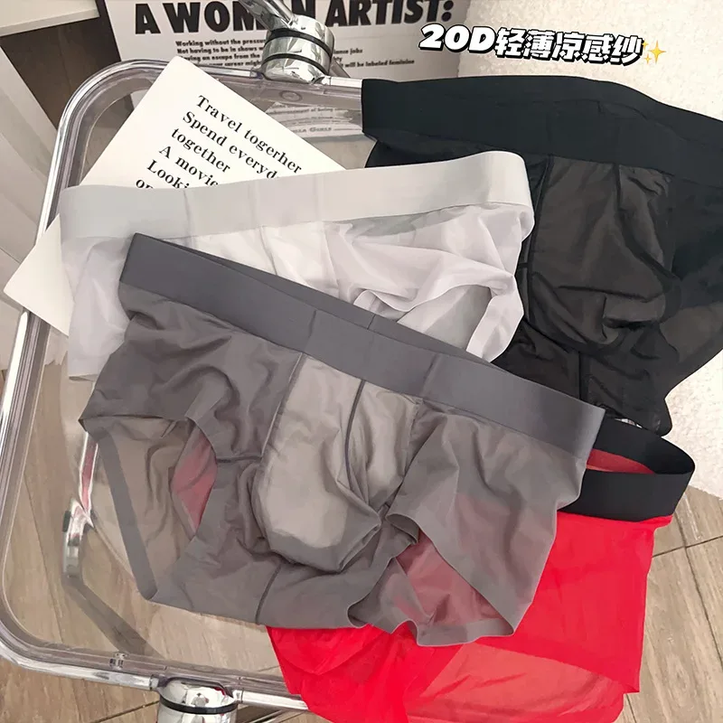 Slips transparents pour hommes Ultra-mince en soie glacée culotte à séchage rapide Sexy U poche bombée sous-vêtements pour hommes caleçons respirants Cuecas