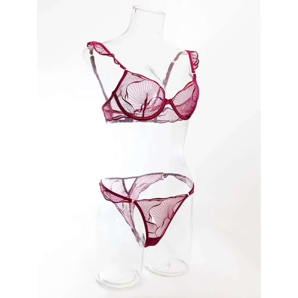 Ultra Thin French Floral Lace Bra Set Women Hollow Embroidery Minimizer Brassiere Soft Breathable Daily Lingerie 32-38ABC セクシーな