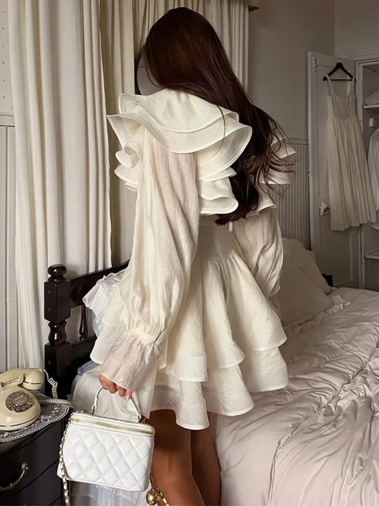 Solid Ruffle Mini Dress U Neck Long Puff Sleeve Tie Neck Tiered Hem Sweet Style Gown Soft Pastel Tones Fashion Chic Women Outfit