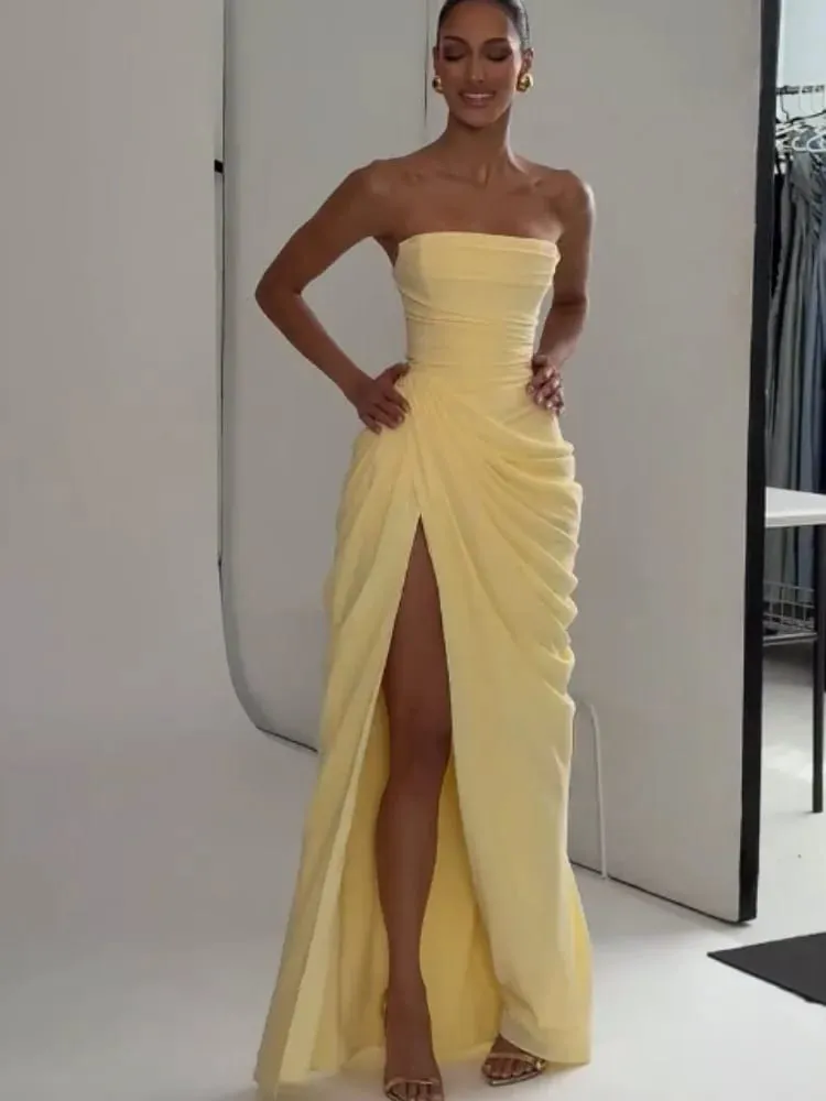 Yellow Strapless Pleated Women Split Maxi Dress Elegant Sleeveless Waist Cinching Slim Fit Dresses 2026 Lady Daily Party Gowns — image 2