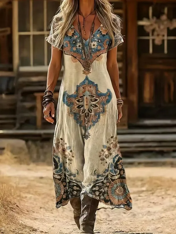Plus Size Summer New Arrival Retro Ethnic Tie-Dye Dress V-Neck Short Sleeve Loose Boho Vacation Maxi Skirt — image 3
