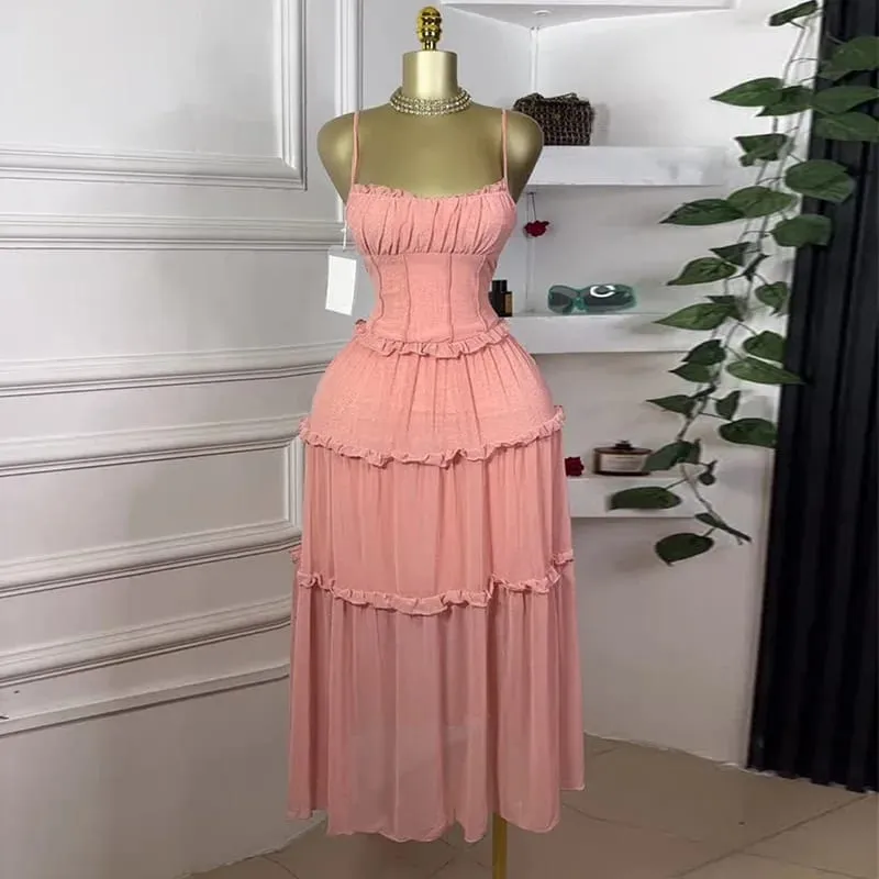 Women Strap Sleeveless Ruffles A-line Midi Maxi Long Dress 2025 Summer Beach Holiday Vacation Vestidos Dresses