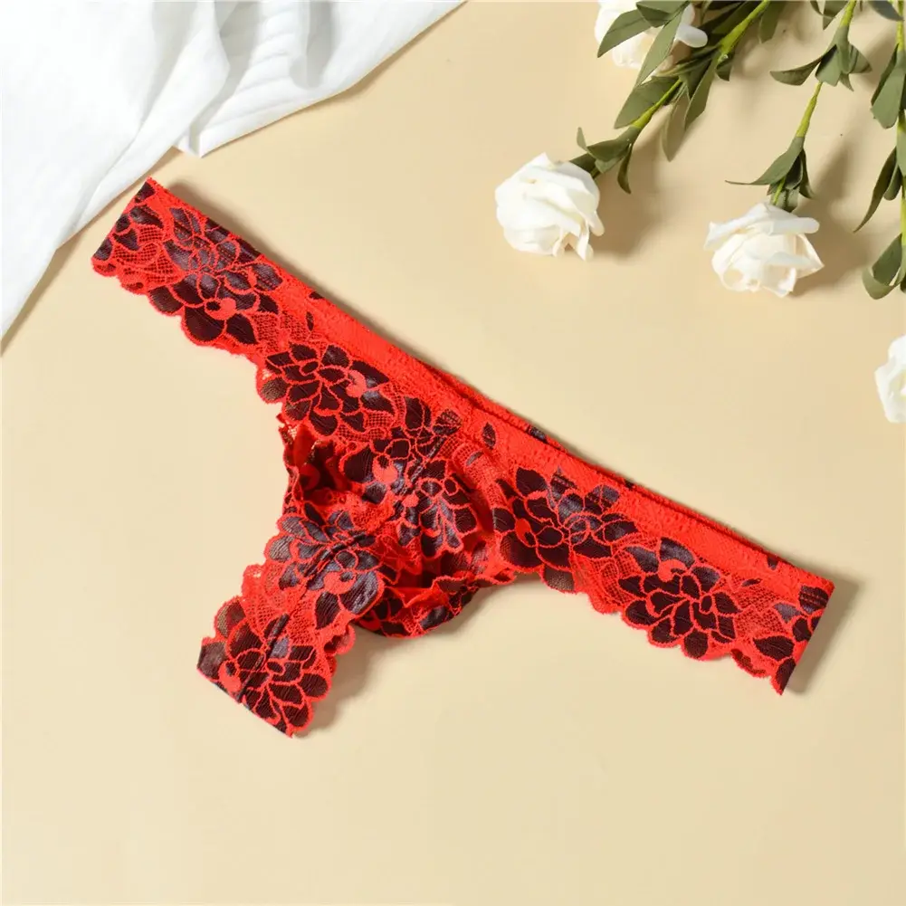 Men Floral Lace Thong Low Rise Elastic Waist G‑String Breathable See‑Through Floral Print Male Underwear Sexy Lingerie Panties