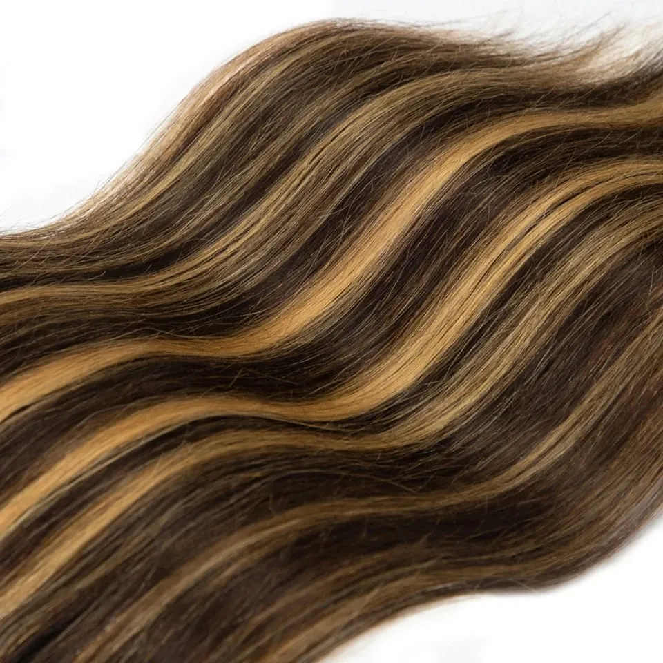 7PCS Double Weft Balayage Clip in Human Hair Extensions Light Brown to Bleach Blonde Ombre Remy Natural Straight Seamless for Wo