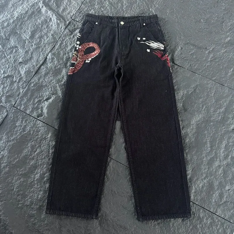 New DERSCHUTZE Unisex Jeans Loose Straight Leg Denim Pants Big Chinese Dragon Embroidery Retro Washed Black Street Trousers