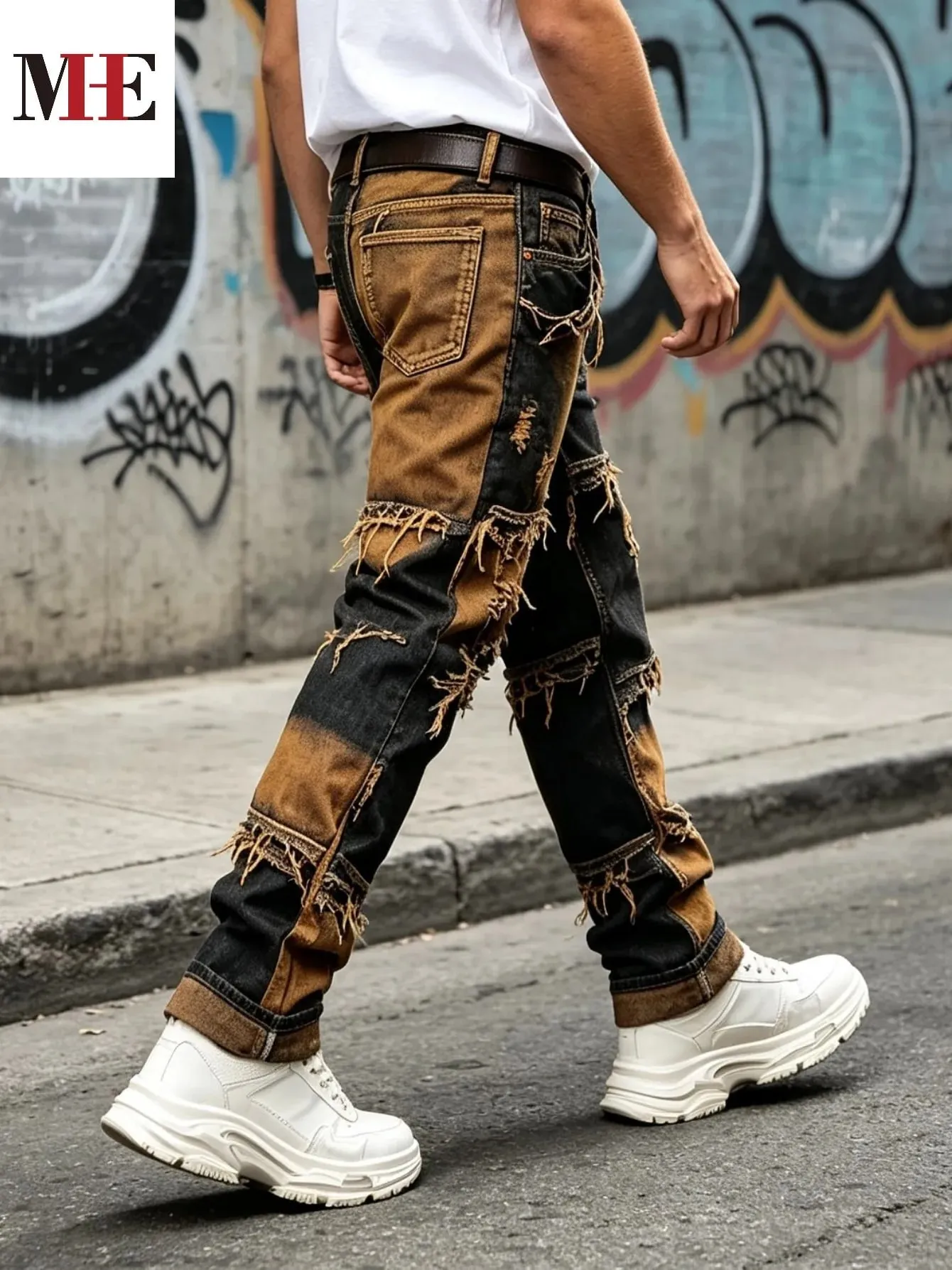 【HME】Men's Jeans | Straight‑Fit Deconstructed Denim Pants vintage Mud‑Wash Two‑Color Spliced Denim Trousers Exposed Frayed Tassel Seams Classic Five‑Pocket Construction Durable Fabric Fashion Men Casual Pants — image 6