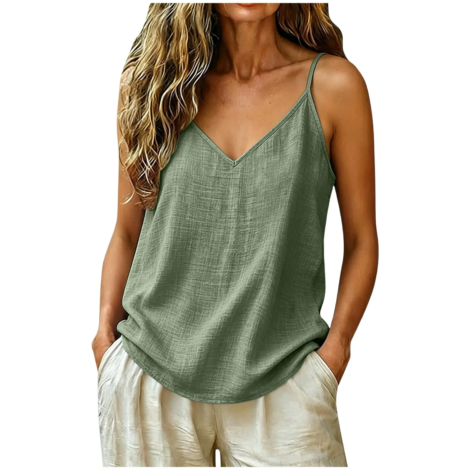Women Cotton Linen Spaghetti Strap Tank Top V Neck Solid Color Loose Fit Lightweight Casual Sleeveless Camisole Summer Beach Top