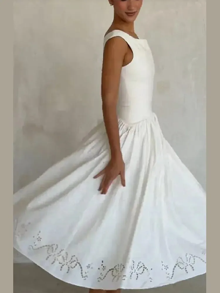 Chic Vintage White Boat Neck Dress Embroidered Cap Sleeve Cutwork Hem High Waist Flowy A-line Gown 2026 New Evening Party Outfit