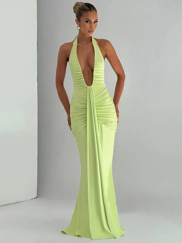 Mozision col en V profond drapé froncé Sexy robe Maxi femmes mode d'été licou sans manches dos nu Club fête longue robe élégante