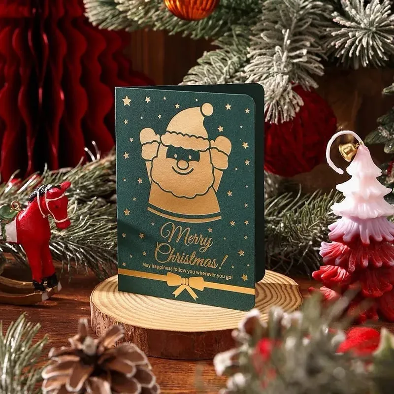 10Pcs Vintage Gold Foil Christmas Folding Greeting Cards Multi Pattern Blessing Holiday Cards New Year Postcard Gift Cards