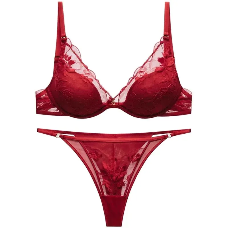 Logirlve French Thin Women Lingerie Set Sexy Satin Lace Splicing Comfort Bras Print Temptation Bra and Thong Sets Underwear