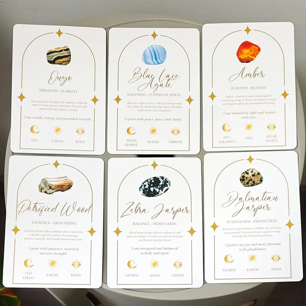 Soul Stones Crystal Oracle Deck、51 Healing Affirmation Cards in Tin Box with Guidebook 11.5*8cm Chakra Zodiac Element Cards