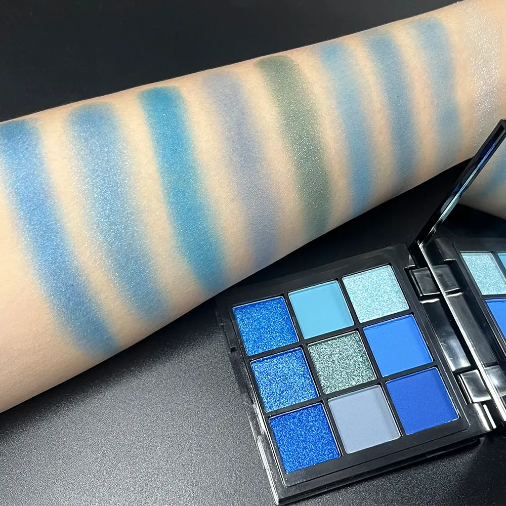 Luxurious Blue 9 Color Eyeshadow Palette - Velvet Matte and Shimmer Effect Durable Waterproof Long-Lasting Smoky Eye Makeup