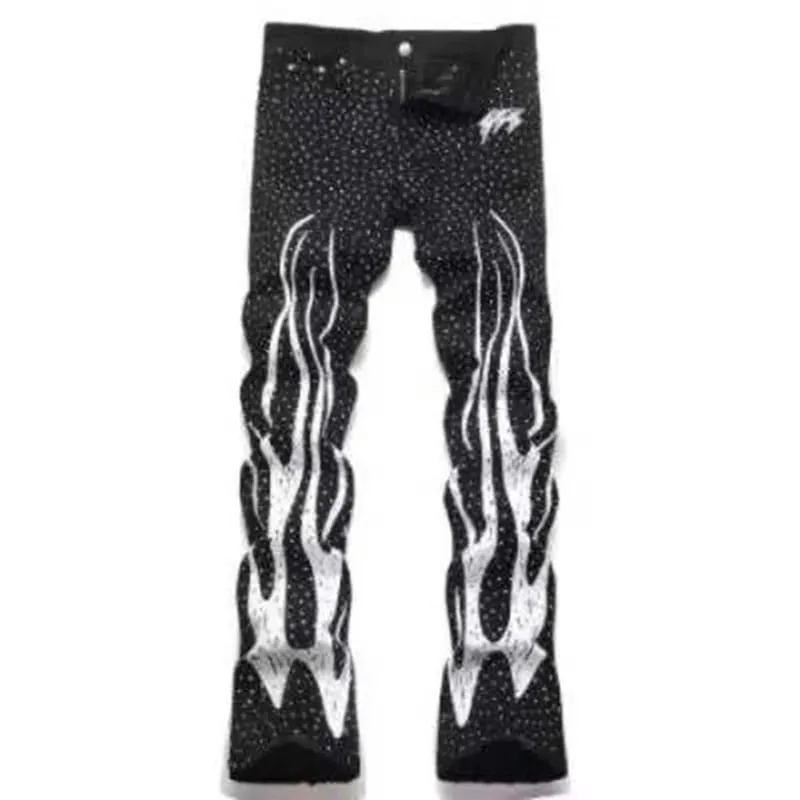 Punk Flame Streetwear Solid Casual Denim Trousers Stage Dancing Rhinestone Print Washed Black Baggy Jeans HipHop Casual Denim Pa
