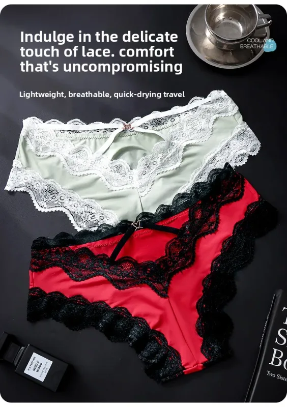 Male Full Lace Edge Briefs Back Bow Strap Ice Silk Satin Low Rise U Pouch Soft Breathable Men Underpants