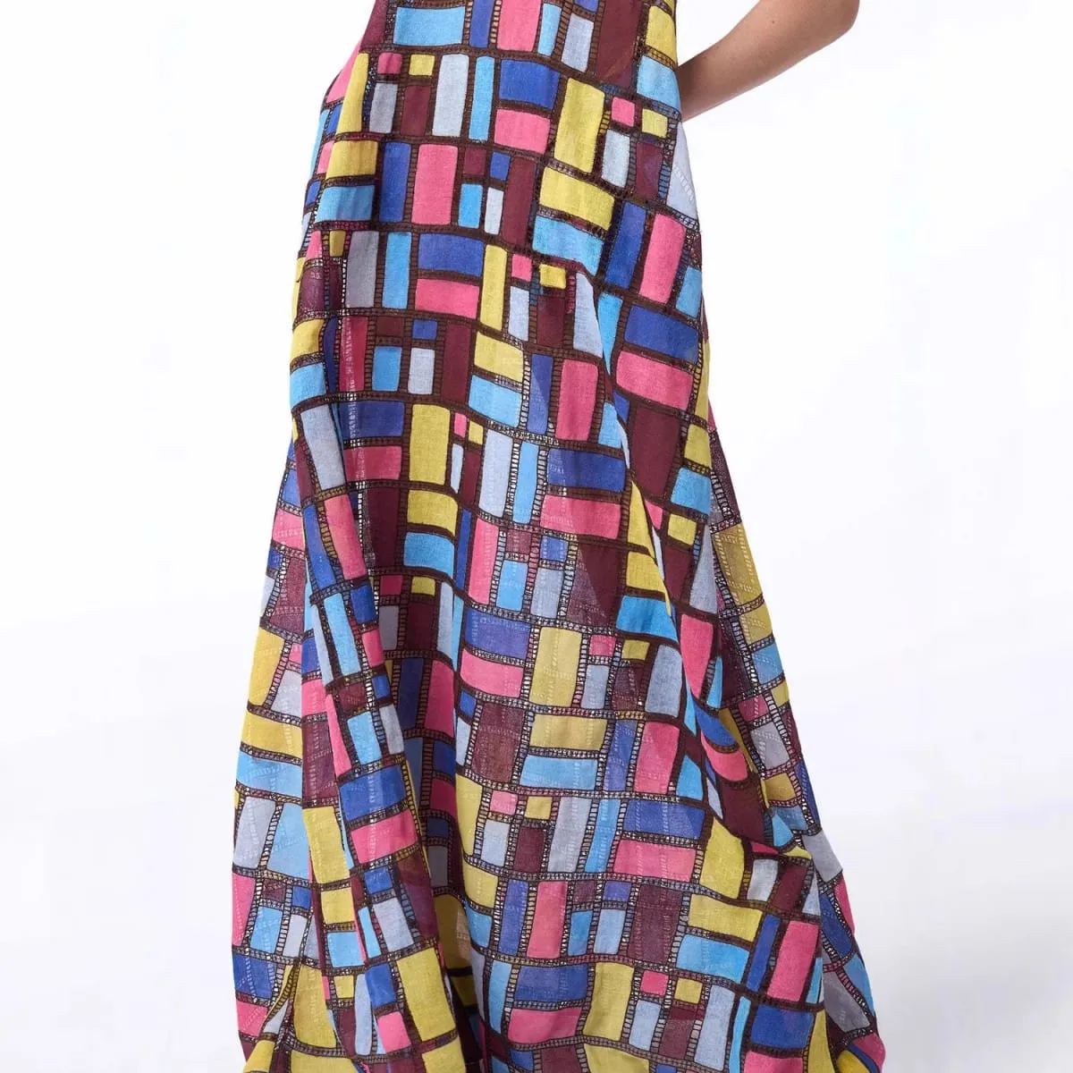 Colored Squares Sleeveless Long Dresses Women Fashion Sexy U-neck Pocket Loose Maxi Dress Summer Lady Vacation Commuting Vestido