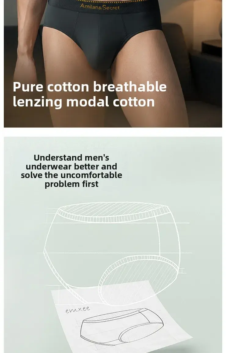 3Pcs Men's Modal Briefs Mid‑Waist U‑Pouch No‑Fly Solid Triangle Underpants Soft Breathable Athletic Daily Men Underwear